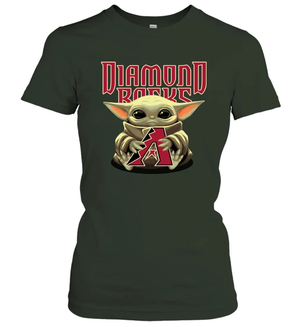 Baby Yoda Hugs Loves The Arizona Diamondbacks Baseball Womens T-Shirt