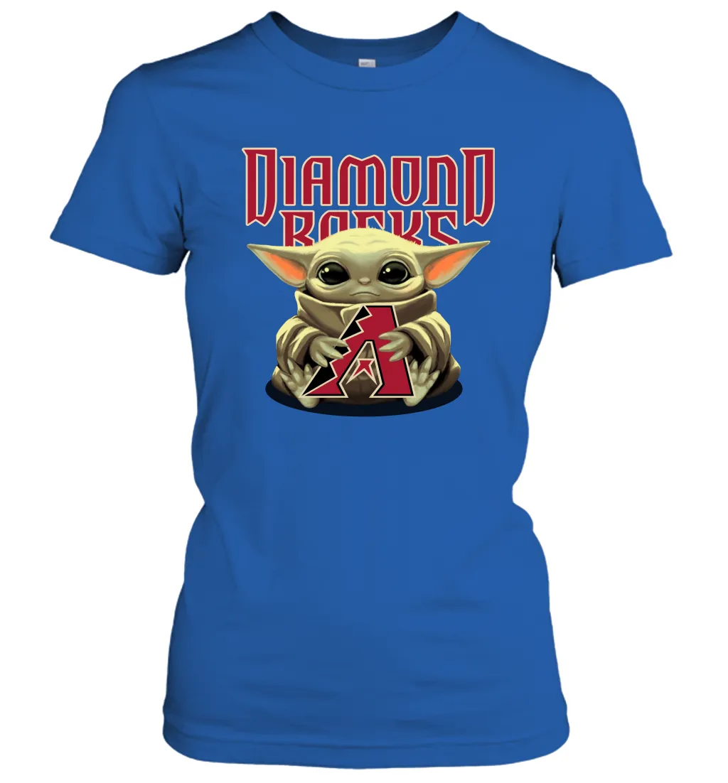 Baby Yoda Hugs Loves The Arizona Diamondbacks Baseball Womens T-Shirt