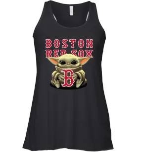 Baby Yoda Hugs Loves The Boston Red Sox Baseball Womens Racerback Tank Top