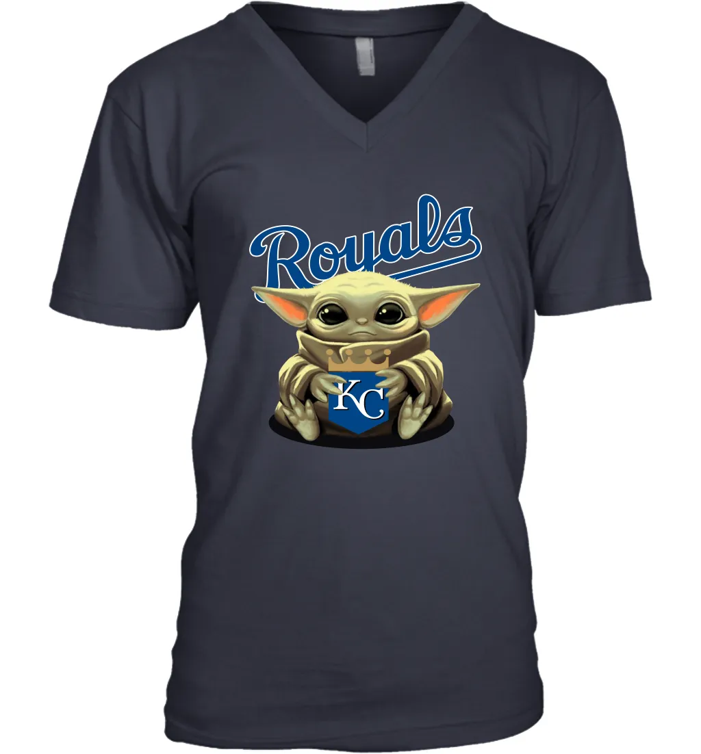 Baby Yoda Hugs Loves The Kansas City Royals Baseball Mens V-Neck T-Shirt