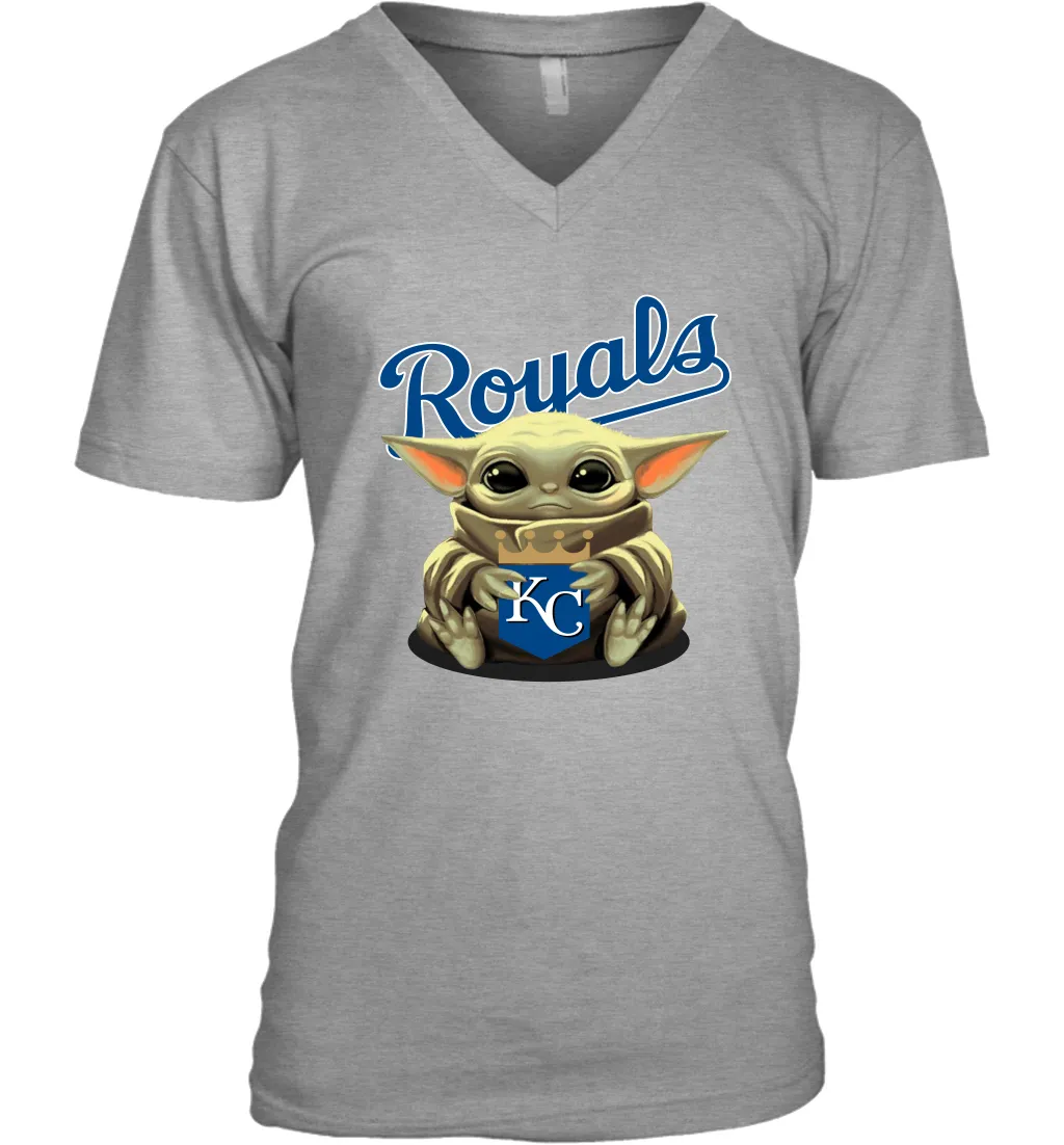 Baby Yoda Hugs Loves The Kansas City Royals Baseball Mens V-Neck T-Shirt