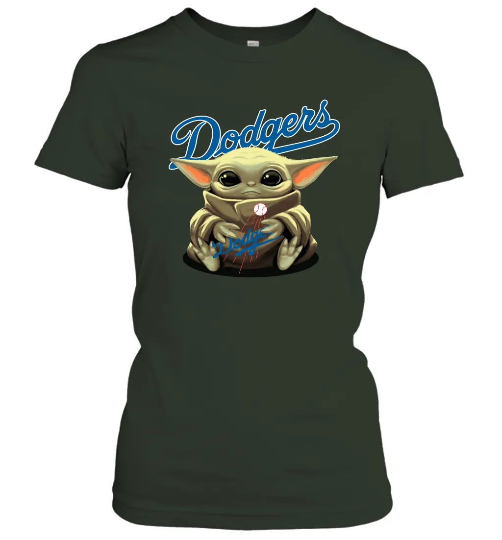 Baby Yoda Hugs Loves The Los Angeles Dodgers Baseball Womens T-Shirt