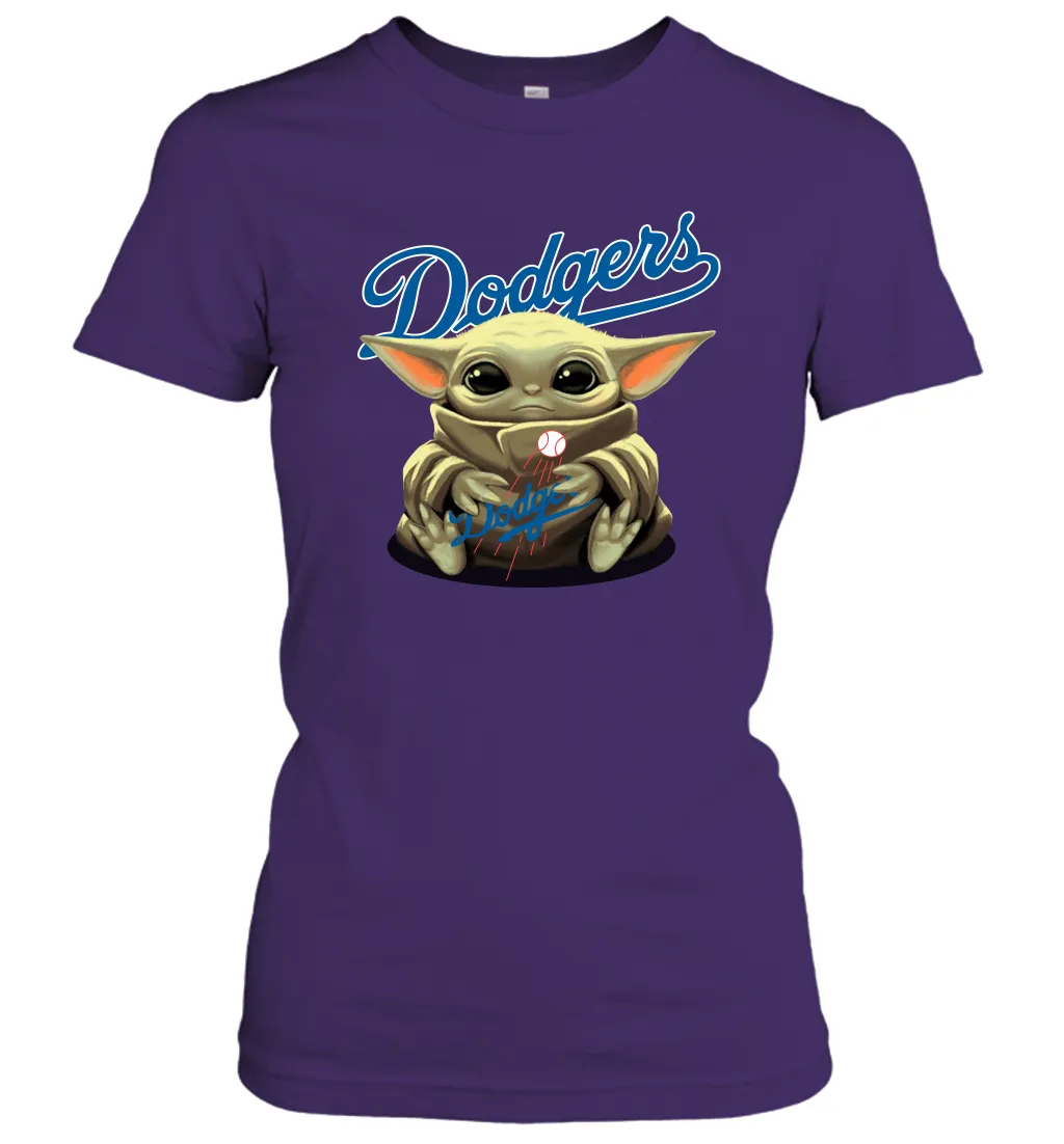 Baby Yoda Hugs Loves The Los Angeles Dodgers Baseball Womens T-Shirt