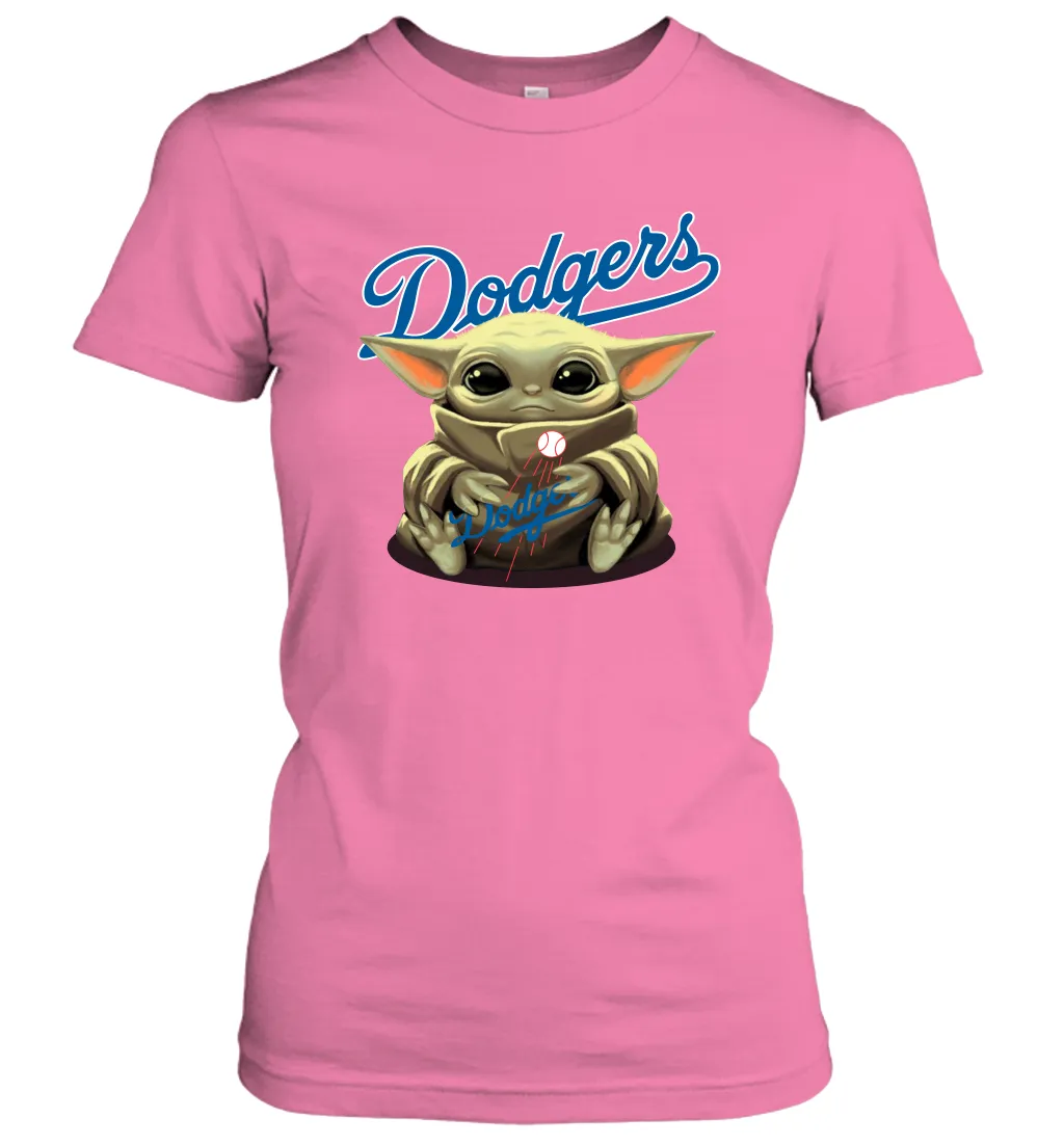 Baby Yoda Hugs Loves The Los Angeles Dodgers Baseball Womens T-Shirt