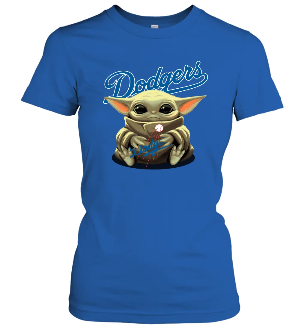 Baby Yoda Hugs Loves The Los Angeles Dodgers Baseball Womens T-Shirt