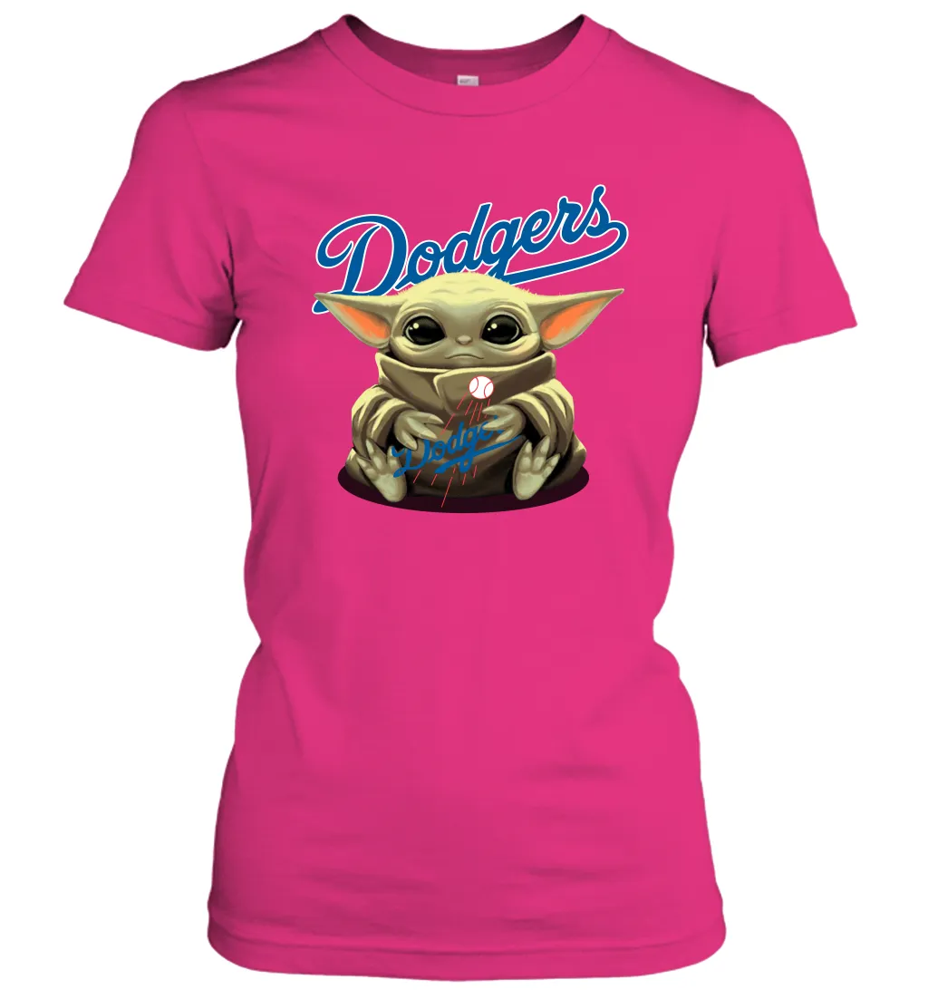 Baby Yoda Hugs Loves The Los Angeles Dodgers Baseball Womens T-Shirt