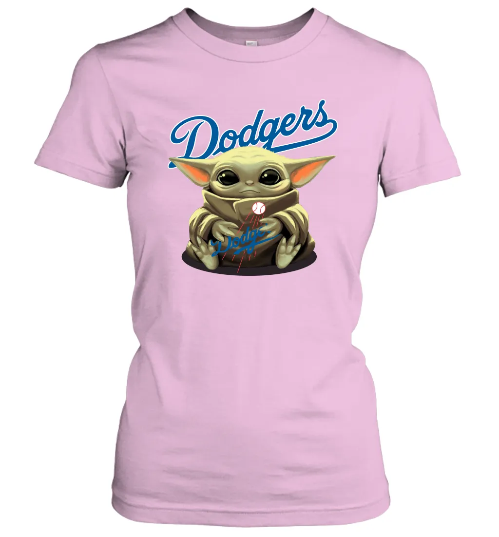 Baby Yoda Hugs Loves The Los Angeles Dodgers Baseball Womens T-Shirt