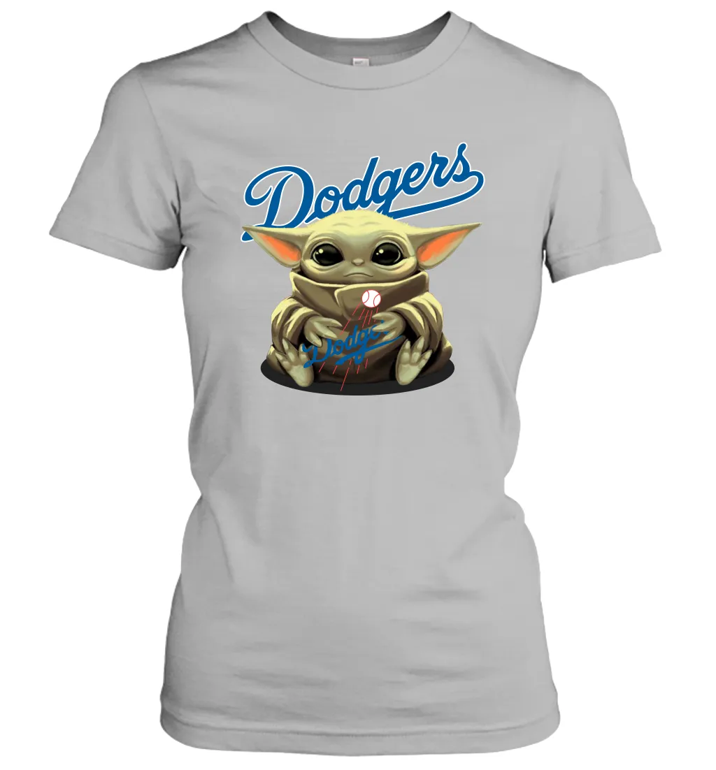 Baby Yoda Hugs Loves The Los Angeles Dodgers Baseball Womens T-Shirt