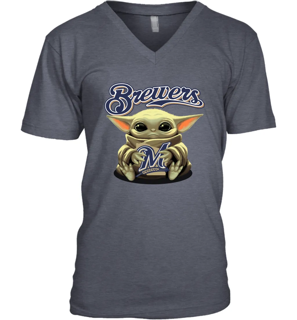 Baby Yoda Hugs Loves The Milwaukee Brewers Baseball Mens V-Neck T-Shirt