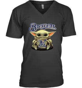 Baby Yoda Hugs Loves The Milwaukee Brewers Baseball Mens V-Neck T-Shirt