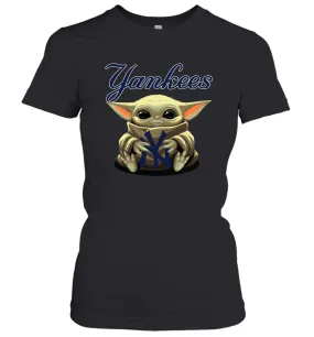 Baby Yoda Hugs Loves The New York Yankees Baseball Womens T-Shirt