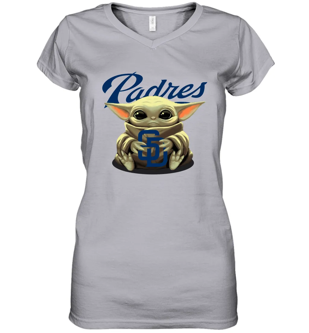 Baby Yoda Hugs Loves The San Diego Padres Baseball Womens V-Neck T-Shirt