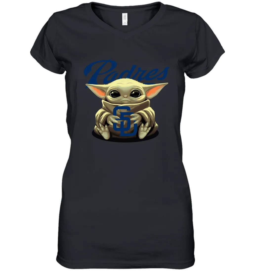 Baby Yoda Hugs Loves The San Diego Padres Baseball Womens V-Neck T-Shirt