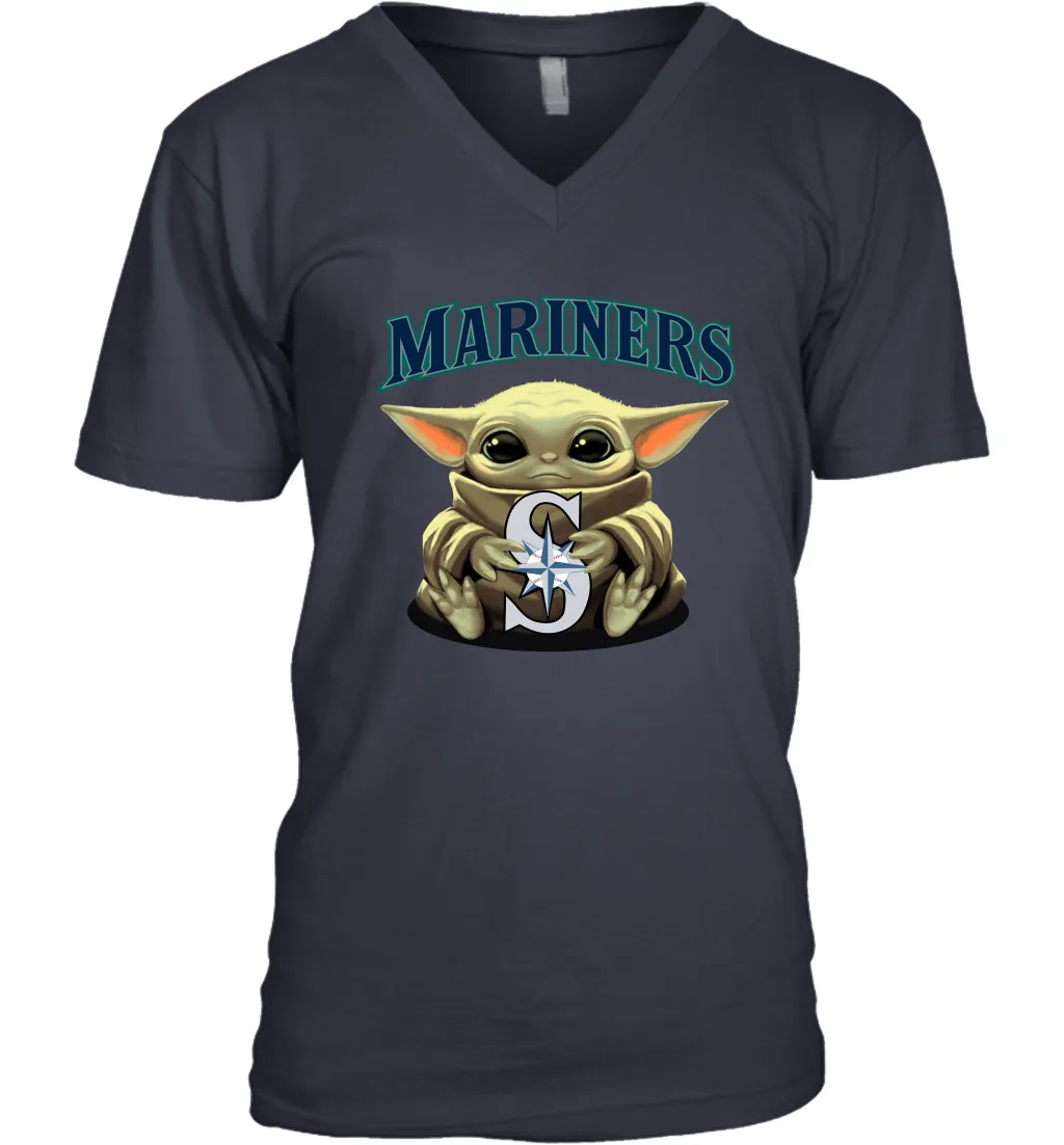 Baby Yoda Hugs Loves The Seattle Mariners Baseball Mens V-Neck T-Shirt