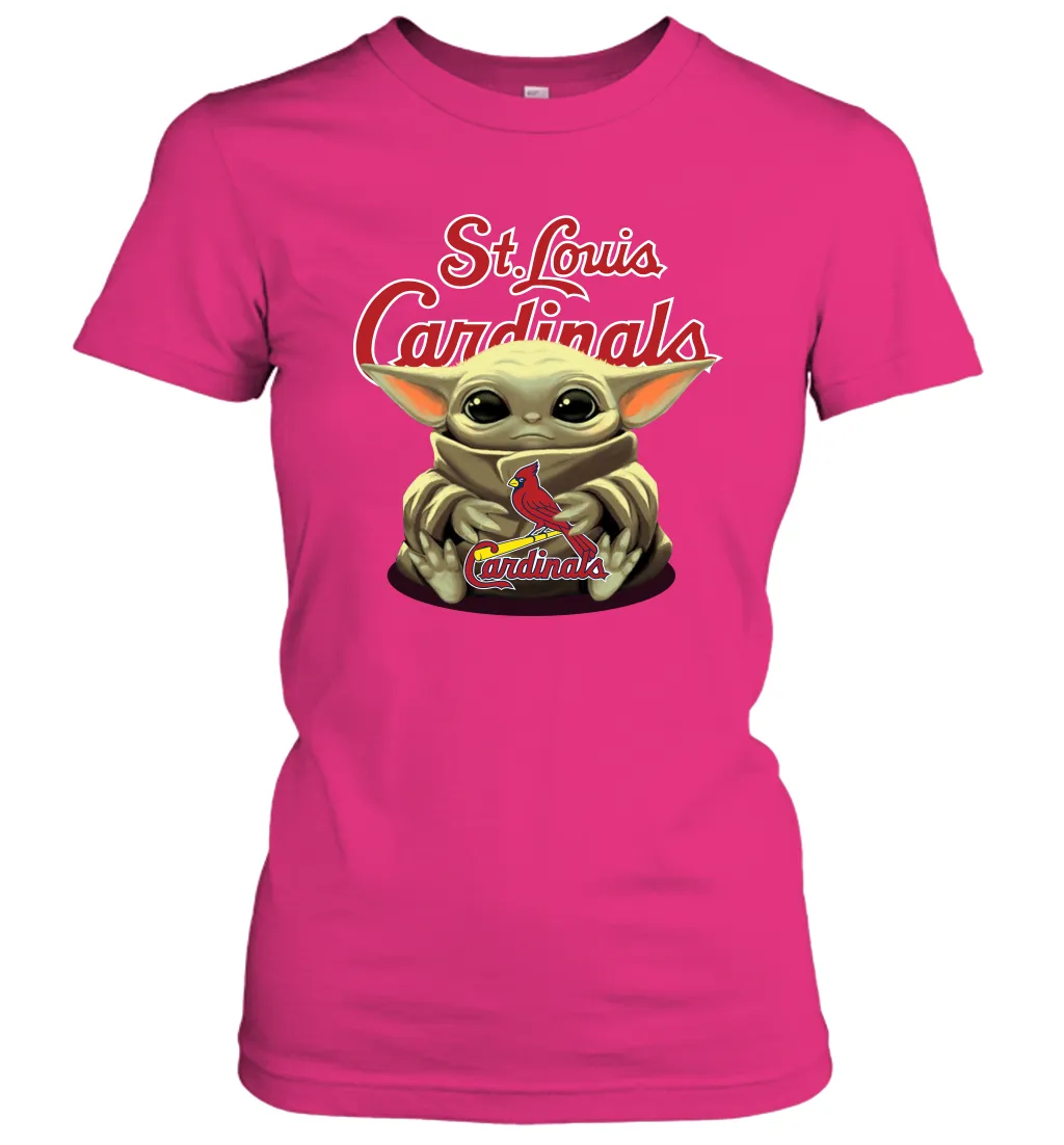 Baby Yoda Hugs Loves The St Louis Cardinals Baseball Womens T-Shirt