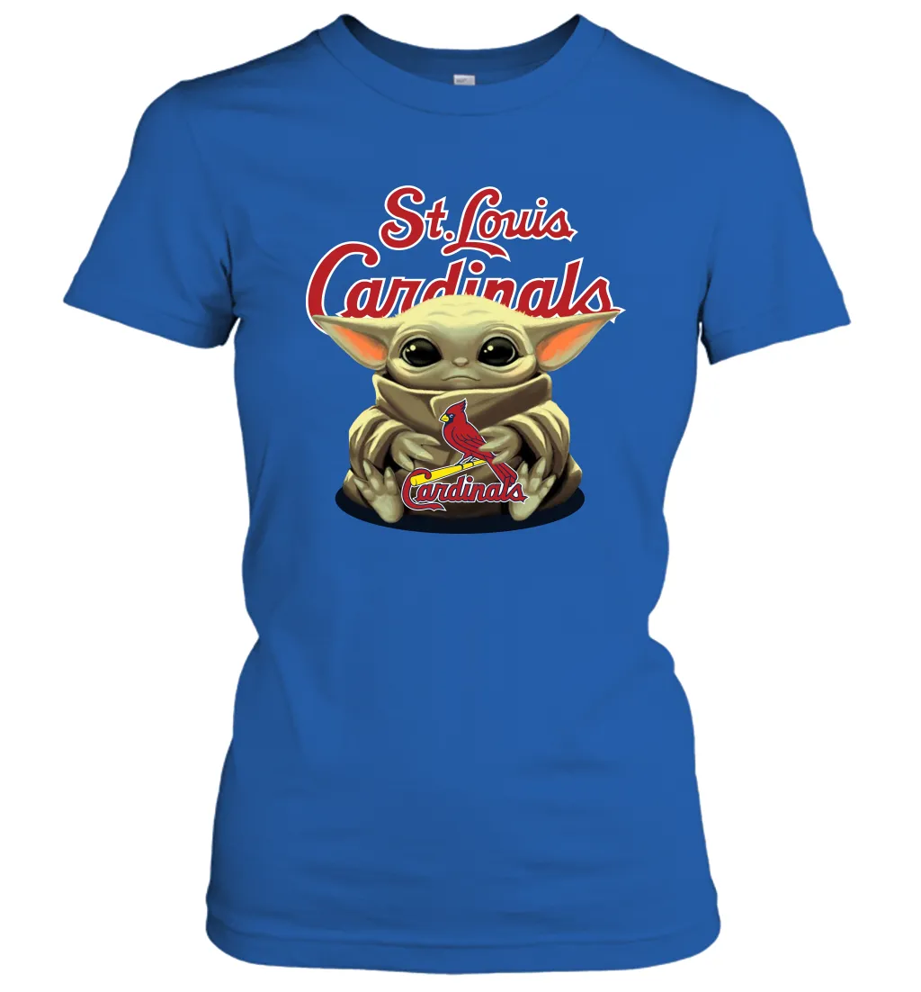 Baby Yoda Hugs Loves The St Louis Cardinals Baseball Womens T-Shirt