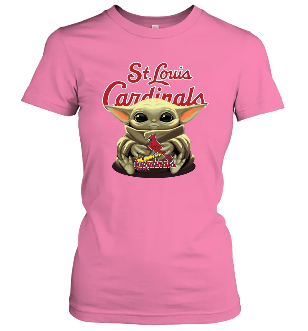 Baby Yoda Hugs Loves The St Louis Cardinals Baseball Womens T-Shirt