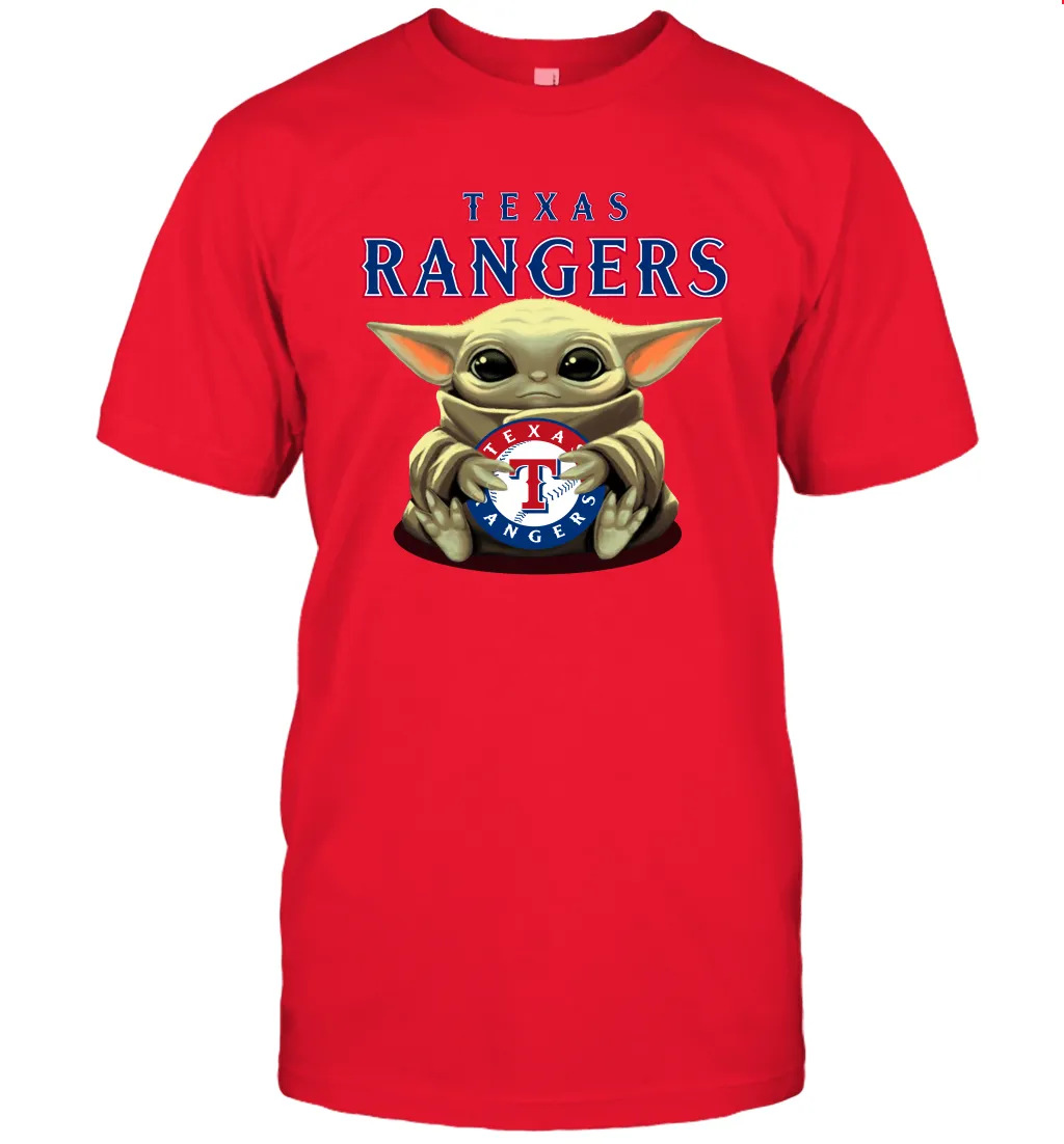 Baby Yoda Hugs Loves The Texas Rangers Baseball Mens T-Shirt