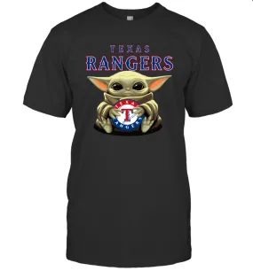 Baby Yoda Hugs Loves The Texas Rangers Baseball Mens T-Shirt