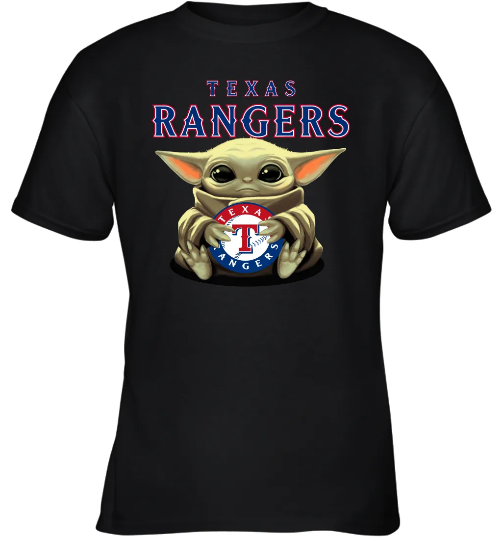 Baby Yoda Hugs Loves The Texas Rangers Baseball Youth T-Shirt