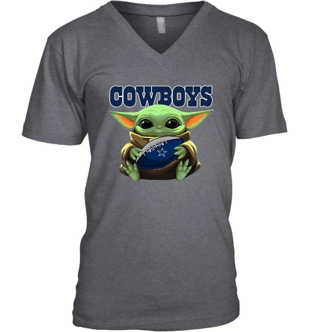 Baby Yoda Loves The Dallas Cowboys Star Wars Baby Yoda Hugs Cowboys NFL Mens V-Neck T-Shirt