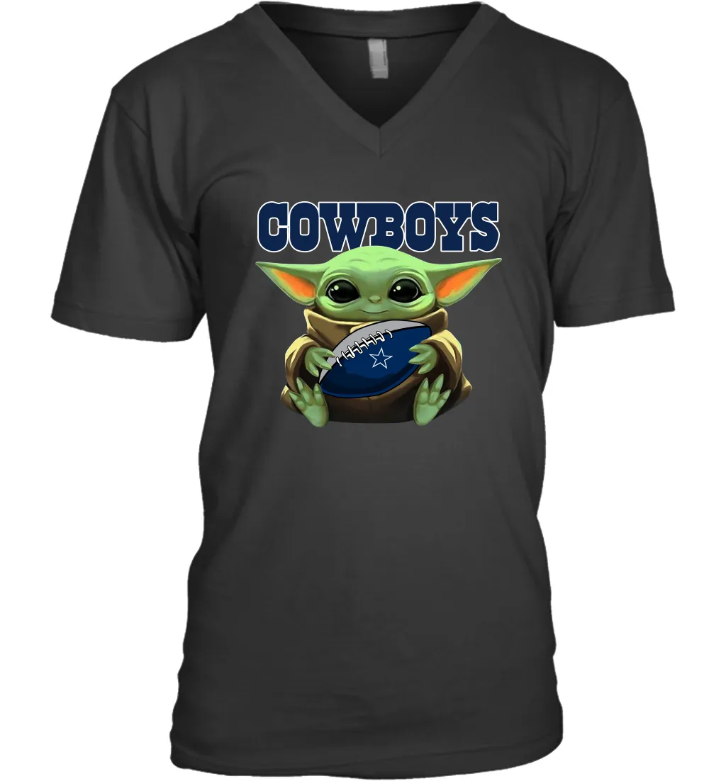 Baby Yoda Loves The Dallas Cowboys Star Wars Baby Yoda Hugs Cowboys NFL Mens V-Neck T-Shirt