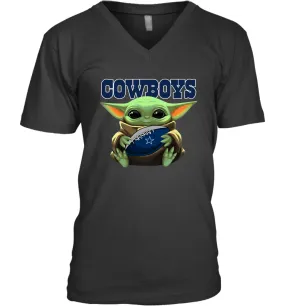 Baby Yoda Loves The Dallas Cowboys Star Wars Baby Yoda Hugs Cowboys NFL Mens V-Neck T-Shirt