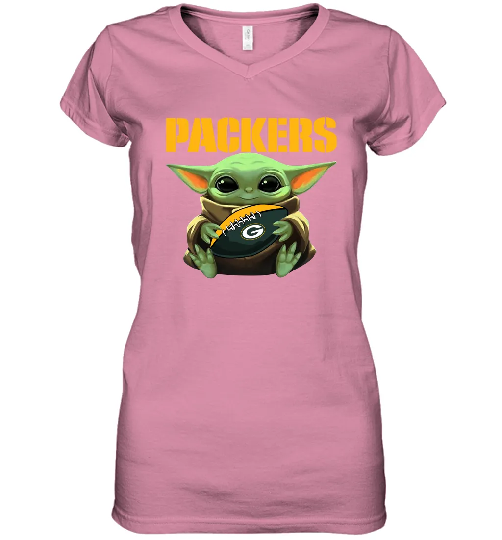 Baby Yoda Loves The Green Bay Packers Star Wars Baby Yoda Hugs Packers NFL Womens V-Neck T-Shirt