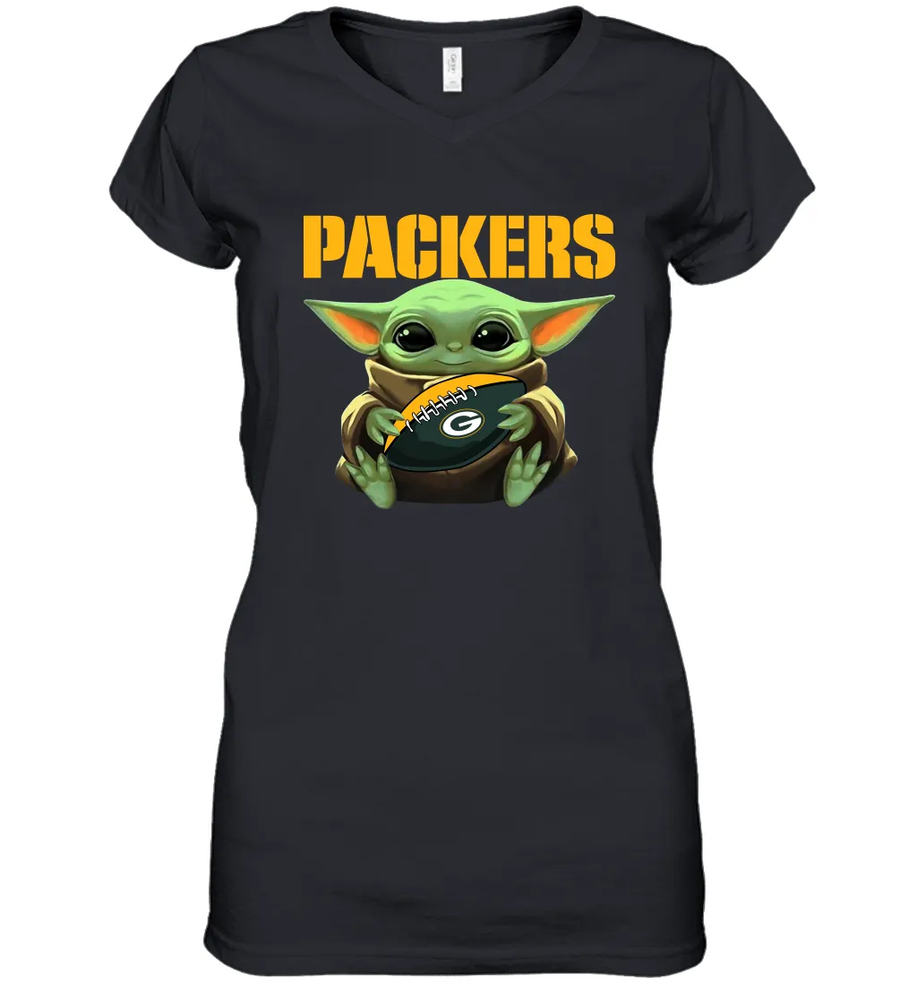 Baby Yoda Loves The Green Bay Packers Star Wars Baby Yoda Hugs Packers NFL Womens V-Neck T-Shirt