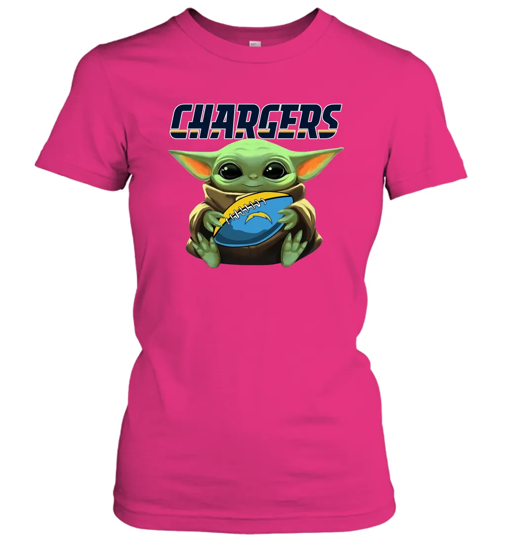 Baby Yoda Loves The Los Angeles Chargers Star Wars Baby Yoda Hugs Chargers NFL Womens T-Shirt