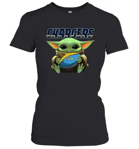 Baby Yoda Loves The Los Angeles Chargers Star Wars Baby Yoda Hugs Chargers NFL Womens T-Shirt