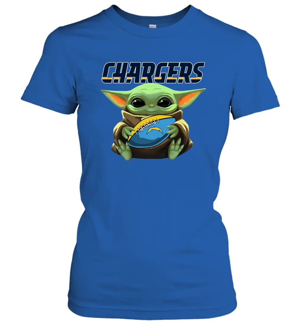 Baby Yoda Loves The Los Angeles Chargers Star Wars Baby Yoda Hugs Chargers NFL Womens T-Shirt