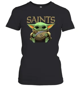 Baby Yoda Loves The New Orleans Saints Star Wars Baby Yoda Hugs Saints NFL Womens T-Shirt