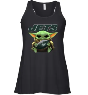 Baby Yoda Loves The New York Jets Star Wars Baby Yoda Hugs Jets NFL Womens Racerback Tank Top