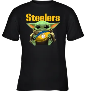 Baby Yoda Loves The Pittsburgh Steelers Star Wars Baby Yoda Hugs Steelers NFL Youth T-Shirt