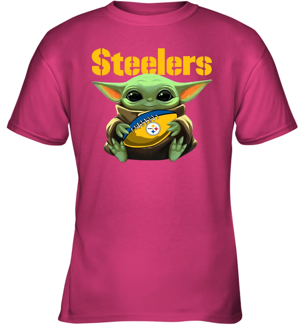 Baby Yoda Loves The Pittsburgh Steelers Star Wars Baby Yoda Hugs Steelers NFL Youth T-Shirt