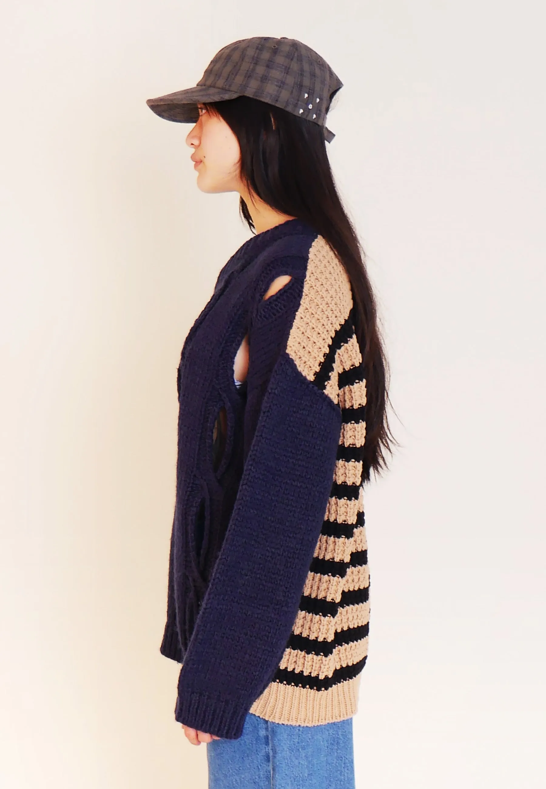 Back Stripe Cut-Out Knit Sweater - Navy