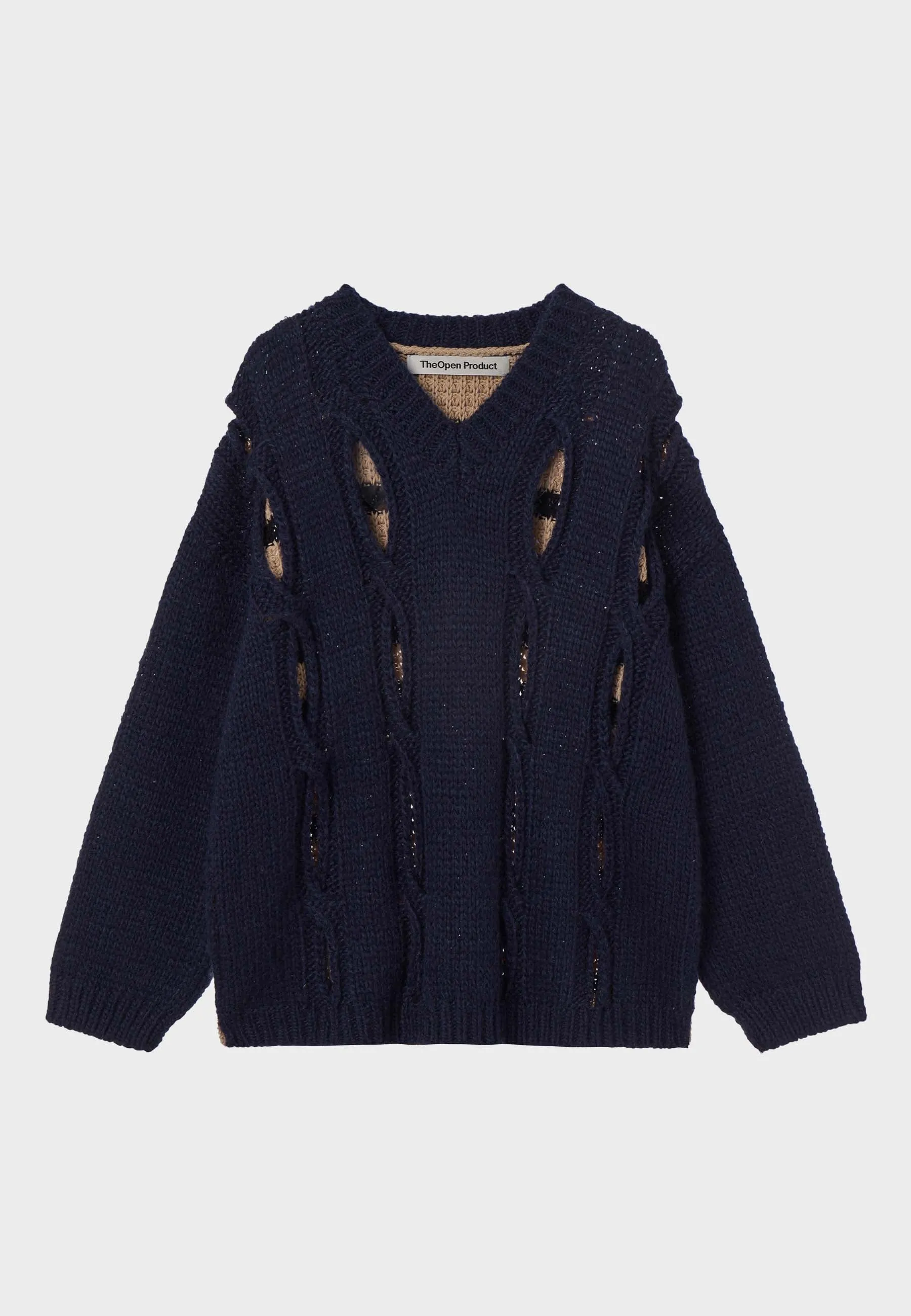 Back Stripe Cut-Out Knit Sweater - Navy