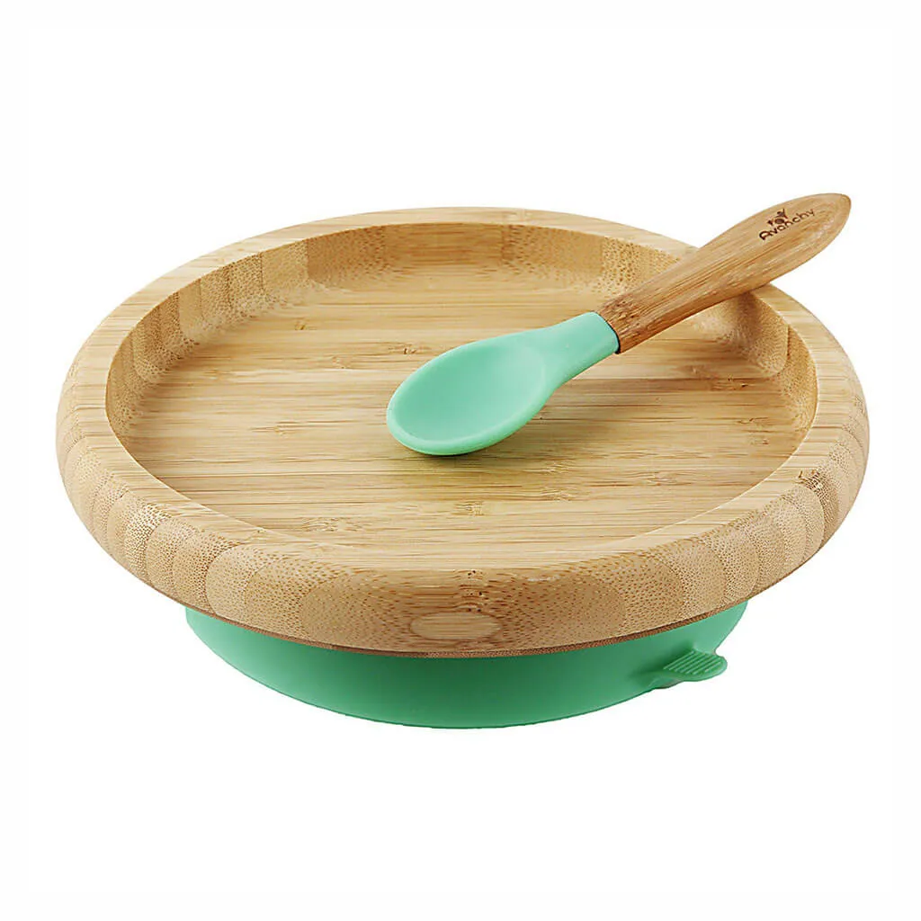 Bamboo Suction Classic Plate & Spoon Green