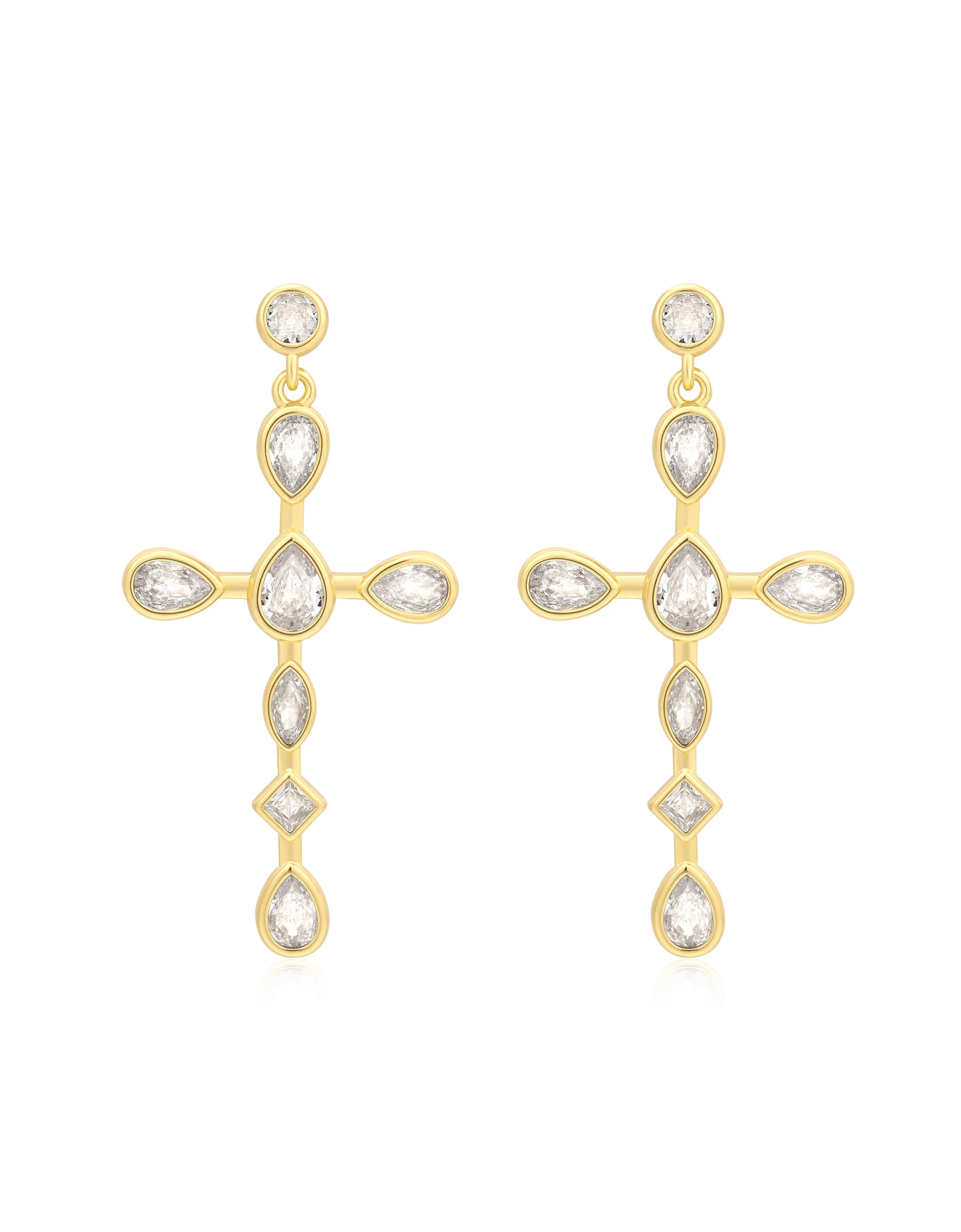 Bezel Stone Cross Studs- Gold