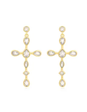 Bezel Stone Cross Studs- Gold