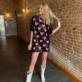 BLACK SEQUINED OVERSIZED SHIRT DRESS WITH PINK HEARTS