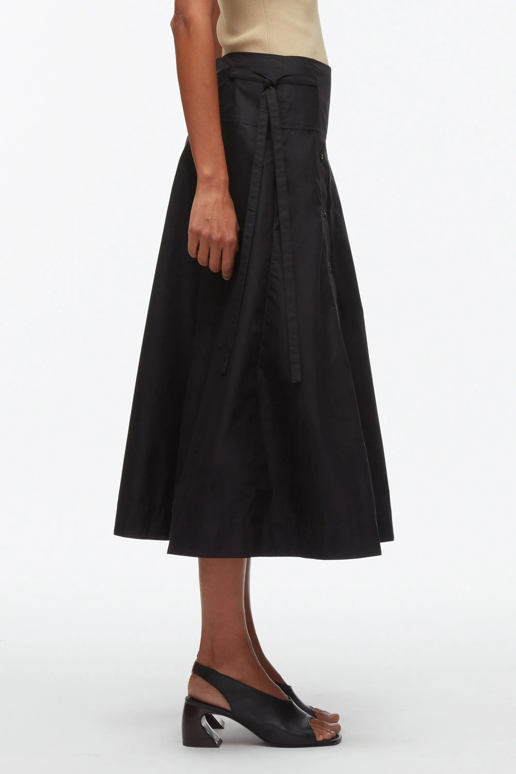 Button Front Tie Waist Midi Skirt