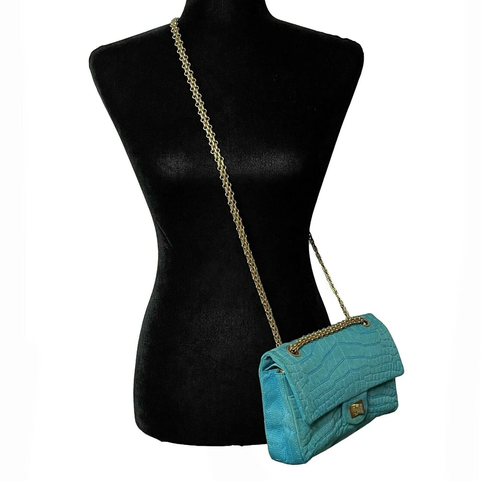 CHANEL - Reissue Small 2.55 Satin Crocodile Stitch - Turquoise / Gold Crossbody