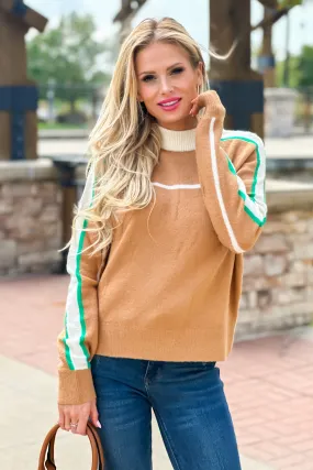 Feeling Inspired Striped Sleeve Mock Neck Sweater : Tan/Cream/Green