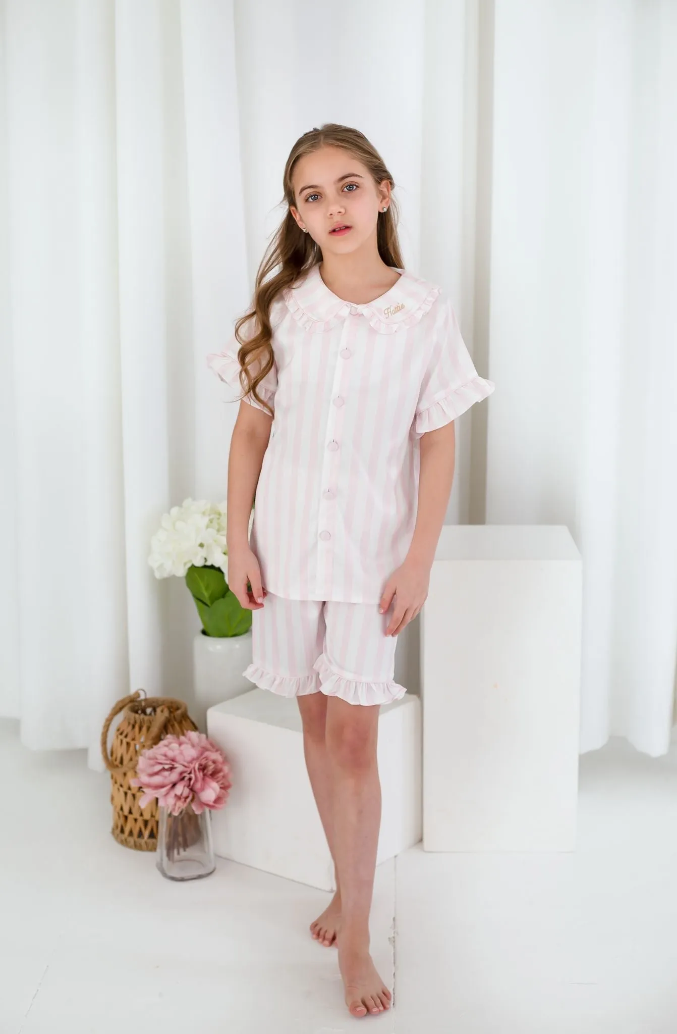 Girls Pink Stripe Pearl Short Sleeve and Leg Pyjamas