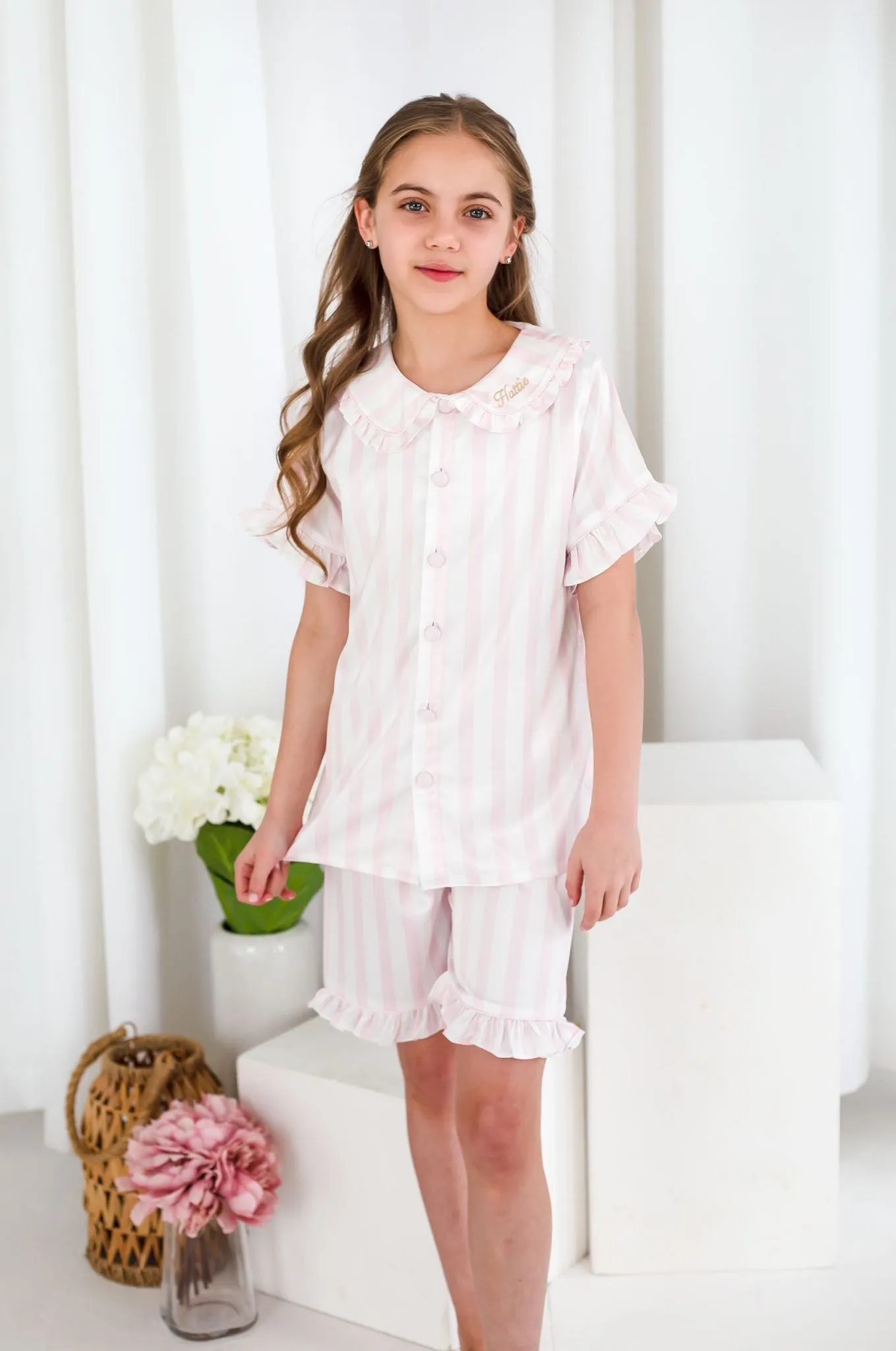 Girls Pink Stripe Pearl Short Sleeve and Leg Pyjamas