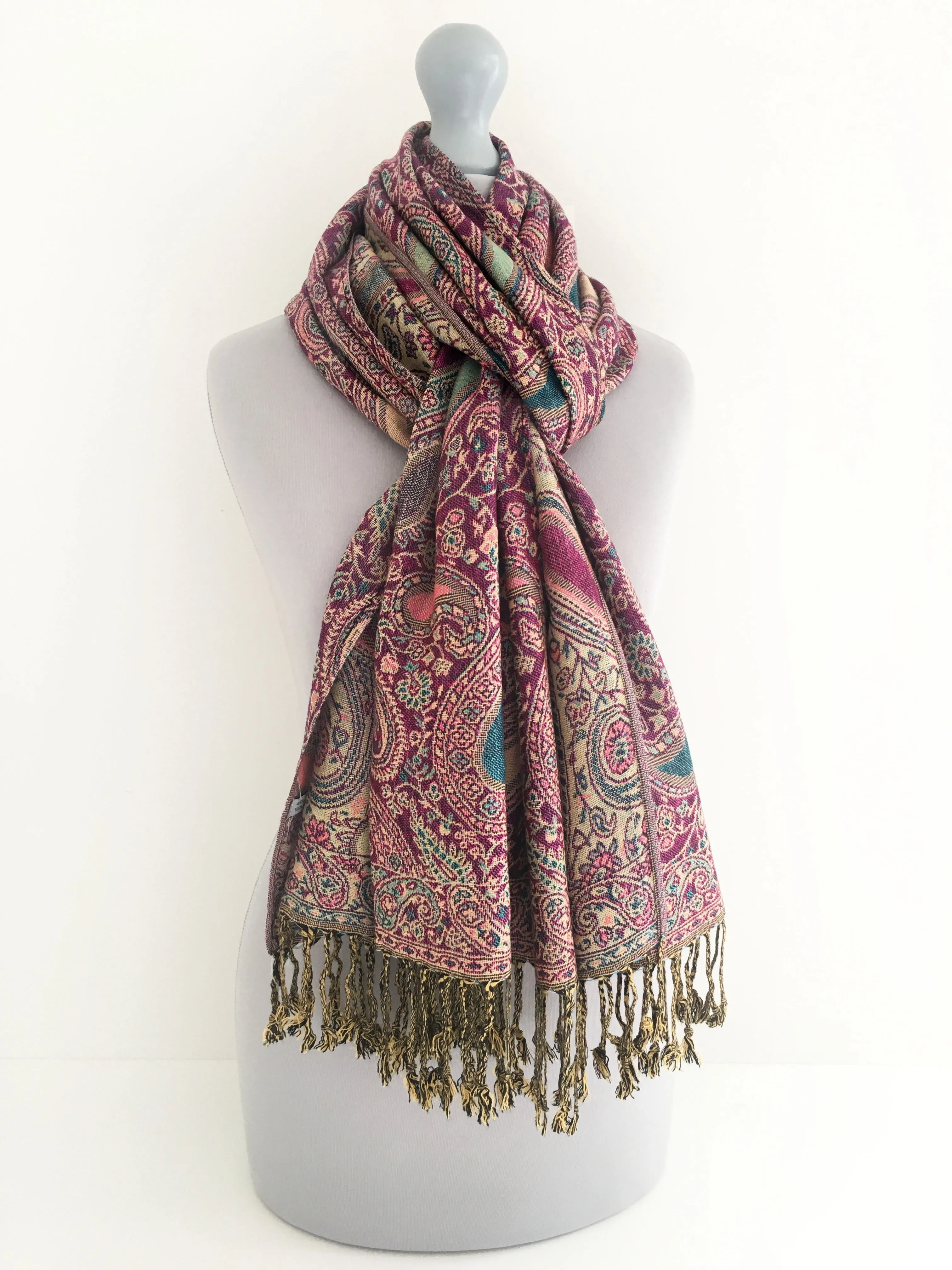 LARGE FUSCHIA PINK MULTI COLOUR PAISLEY PRINT PASHMINA SHAWL SCARF