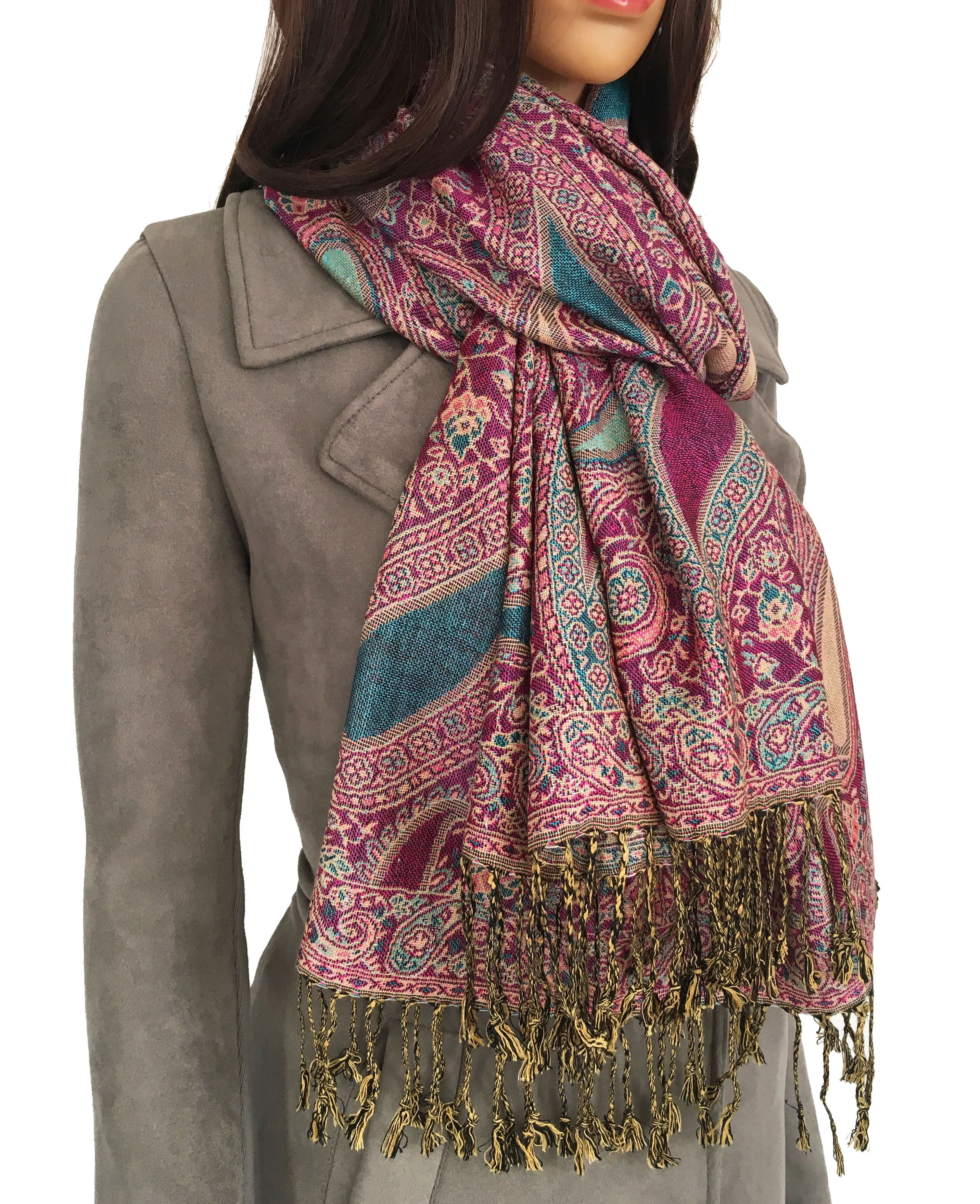 LARGE FUSCHIA PINK MULTI COLOUR PAISLEY PRINT PASHMINA SHAWL SCARF