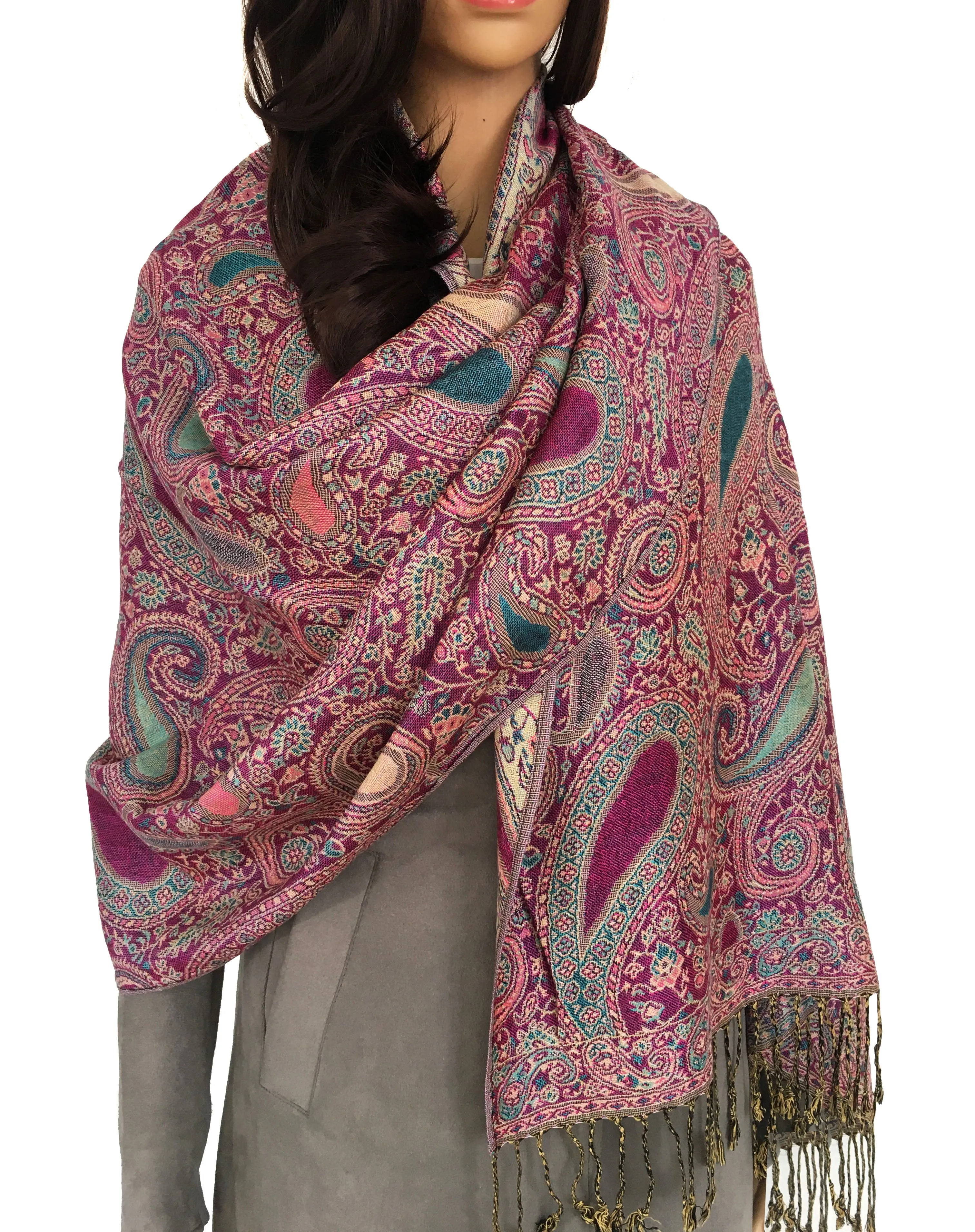 LARGE FUSCHIA PINK MULTI COLOUR PAISLEY PRINT PASHMINA SHAWL SCARF